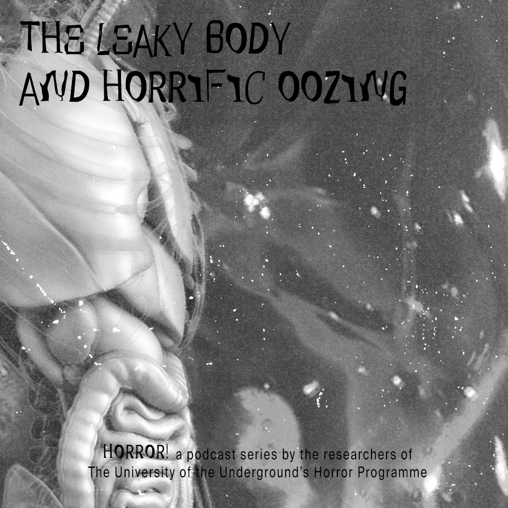 Alien-esque creature with exposed organs and intestines in black and white with universe like imagery in the background